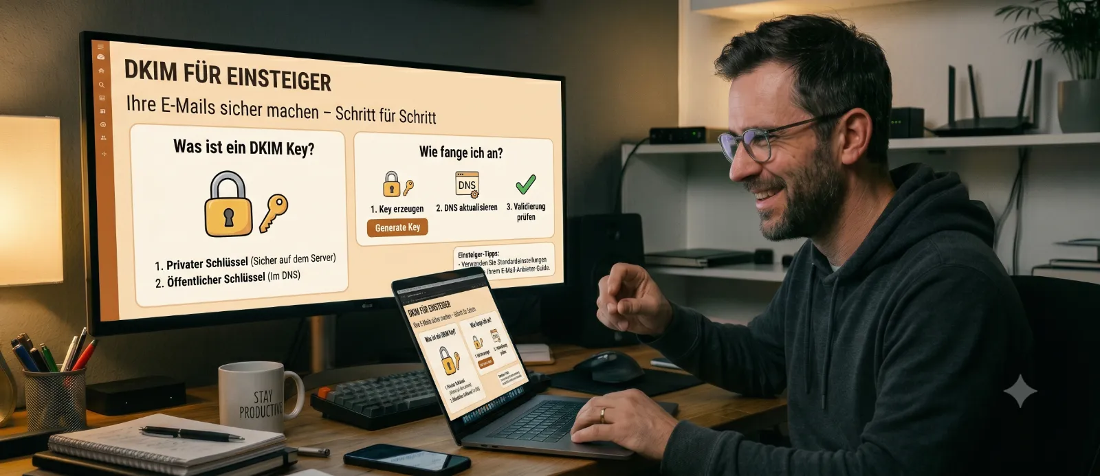 Mann richtet DKIn für sein Mailkonto ein