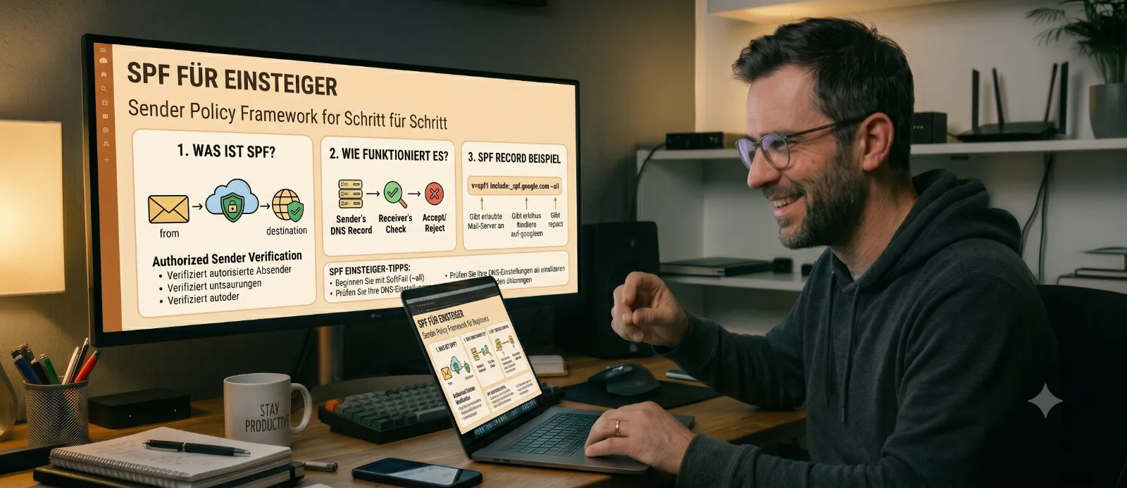 Mann richtet SPF für sein Mailkonto ein.
