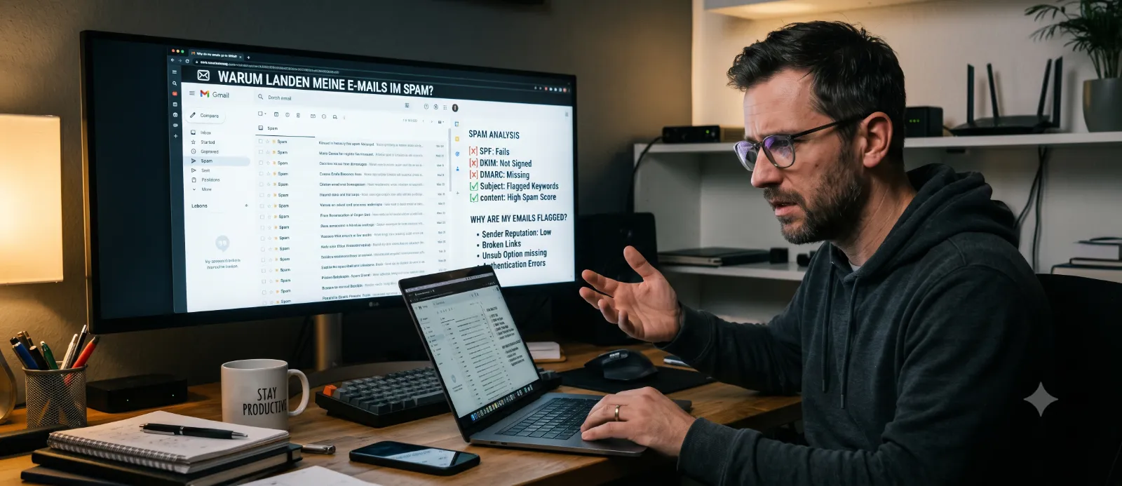Mann vor Laptop, Verwunderung Mails landen im Spam